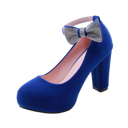 Women's Suede Rhinestone Butterfly Knot Chunky Heels High Heel Platform Pumps