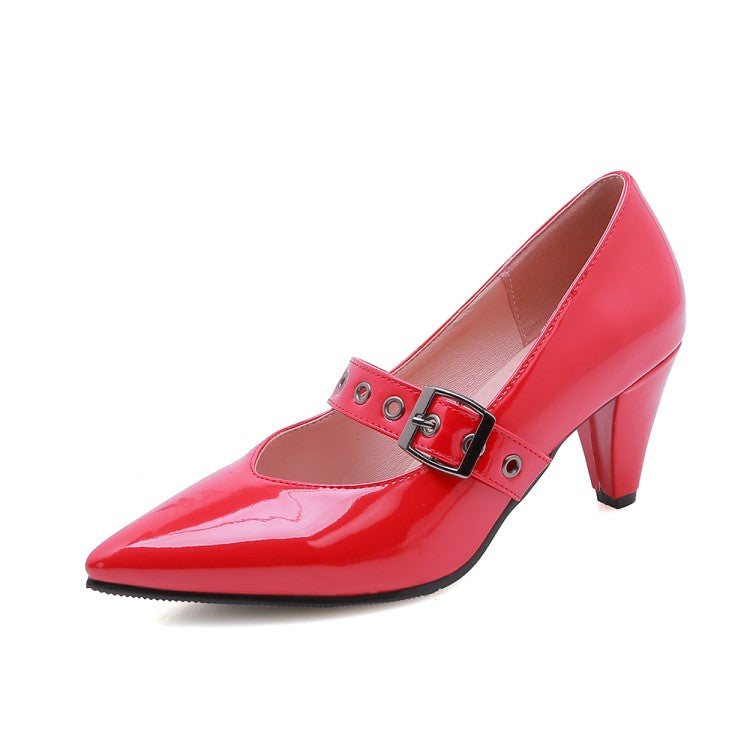 Women's Pumps Glossy Pointed Toe Mary Janes Buckle Straps Cone Heel