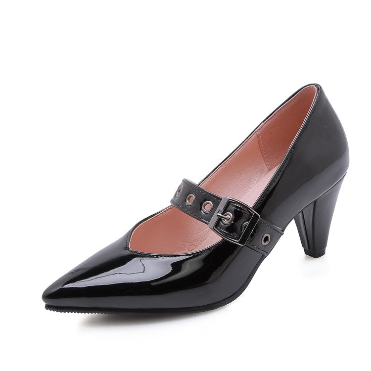 Women's Pumps Glossy Pointed Toe Mary Janes Buckle Straps Cone Heel