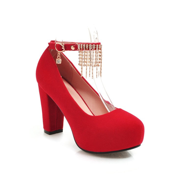 Women's Suede Almond Toe Rhinestone Tassel Chunky High Heel Platform Pumps Wedding Shoes
