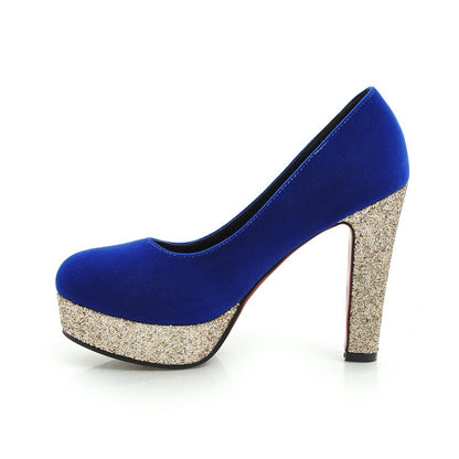 Women's Suede Almond Toe Sequins Chunky High Heel Platform Pumps