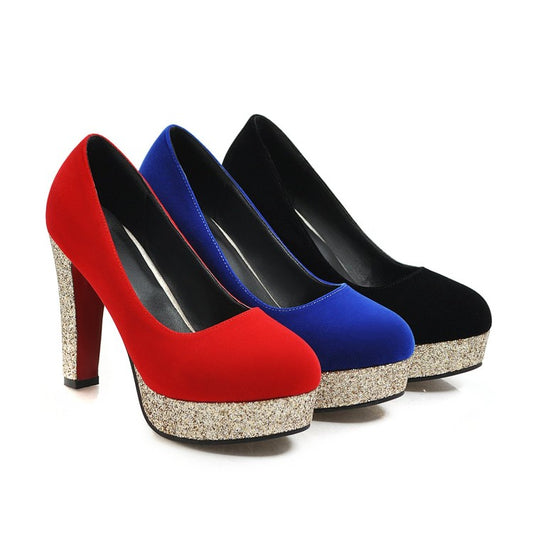 Women's Suede Almond Toe Sequins Chunky High Heel Platform Pumps