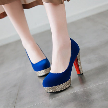 Women's Suede Almond Toe Sequins Chunky High Heel Platform Pumps