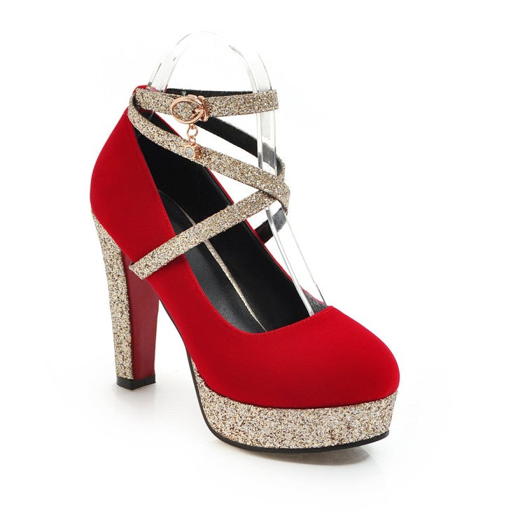 Women's Bling Bling Sequins Crossed Ankle Strap Chunky Heels High Heel Platform Pumps