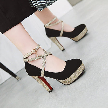 Women's Bling Bling Sequins Crossed Ankle Strap Chunky Heels High Heel Platform Pumps