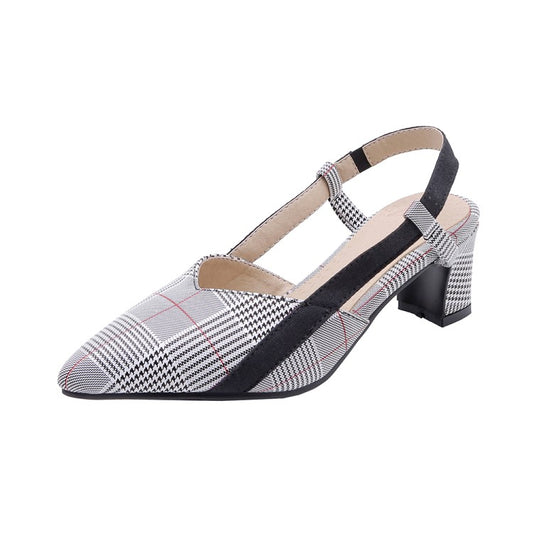 Women's's Plaid Pointed Toe Hollow Out Medium Block Heel Sandals