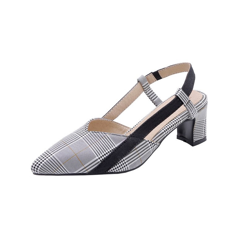 Women's's Plaid Pointed Toe Hollow Out Medium Block Heel Sandals
