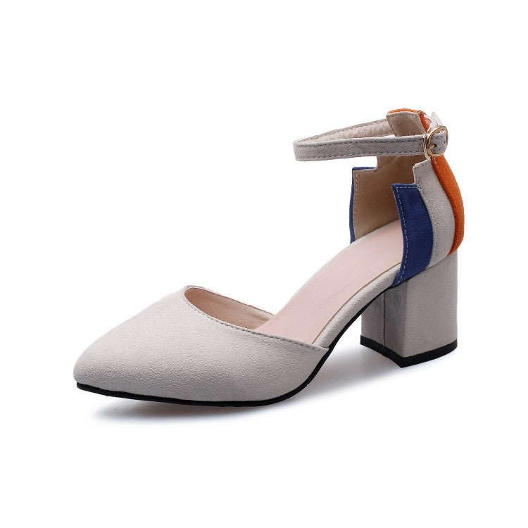 Women's Pointed Toe Hollow Out Color Block Ankle Strap Block Heel Sandals