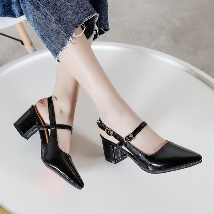 Women's Solid Color Glossy Pointed Toe Hollow Out Block Heel Sandals