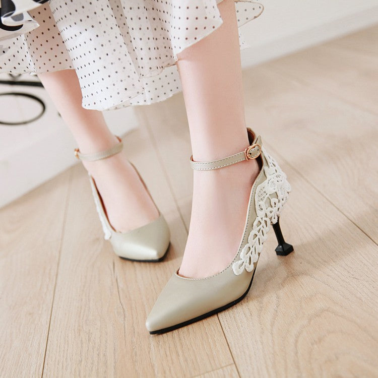 Women's Poinetd Toe Lace Ankle Strap High Heels Stiletto Pumps