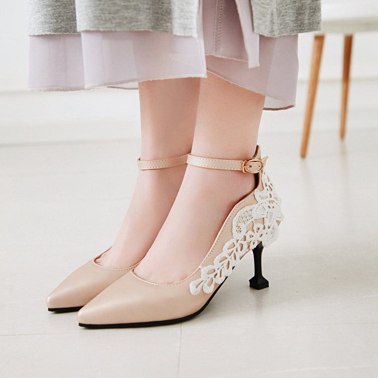 Women's Poinetd Toe Lace Ankle Strap High Heels Stiletto Pumps