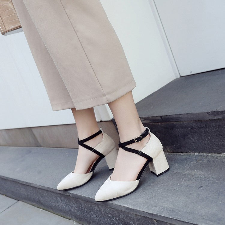 Women's SuedePointed Toe Color Block Ankle Strap Block Heel Sandals