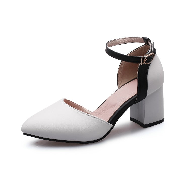Women's Pointed Toe Color Block Ankle Strap Hollow Out Block Heel Sandals