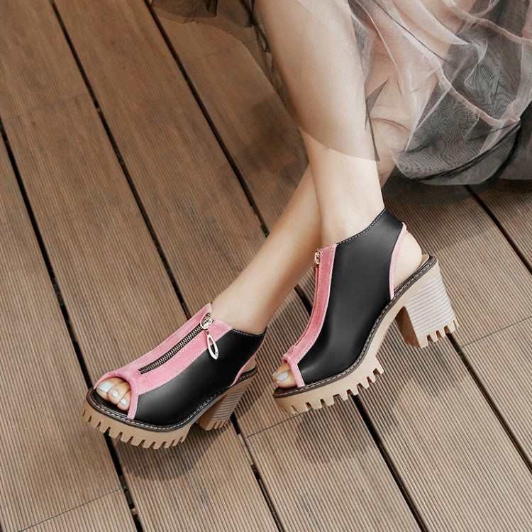 Women's's Color Block Peep Toe Chunky Heel Platform Sandals