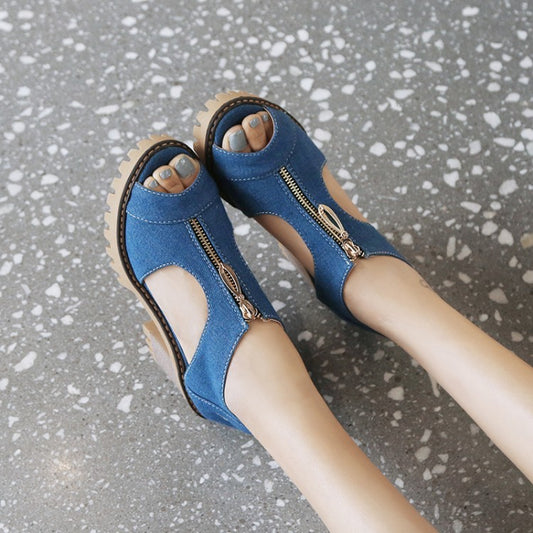 Women's's Denim Zipper Chunky Heel Platform Sandals