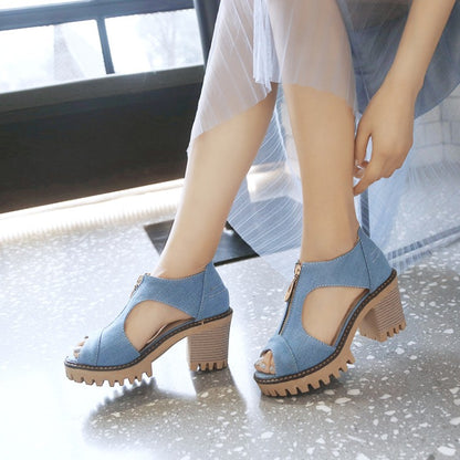 Women's's Denim Zipper Chunky Heel Platform Sandals