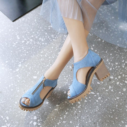 Women's's Denim Zipper Chunky Heel Platform Sandals