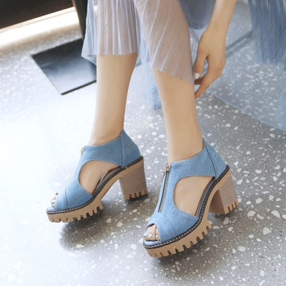 Women's's Denim Zipper Chunky Heel Platform Sandals