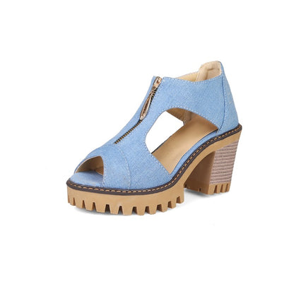 Women's's Denim Zipper Chunky Heel Platform Sandals