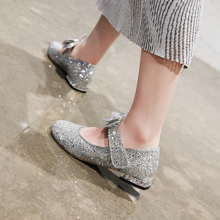 Women's  Sequined Bowtie Flats Mary Jane Shoes