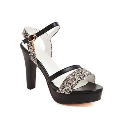 Women's Ankle Strap Sequined High Heel Platform Sandals