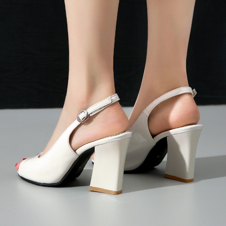 Women's Glossy Peep Toe Chunky Heel Slingback Sandals