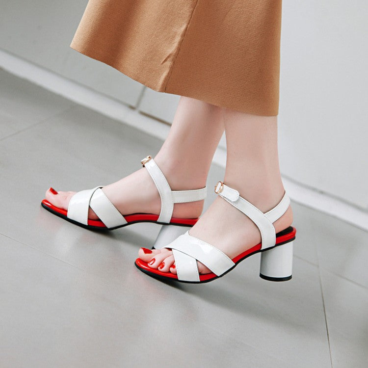 Women's's Peep Toe Patent Leather Block Heels Sandals