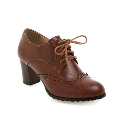 Women's Retro Tied Carved Medium Heel Oxford Shoes