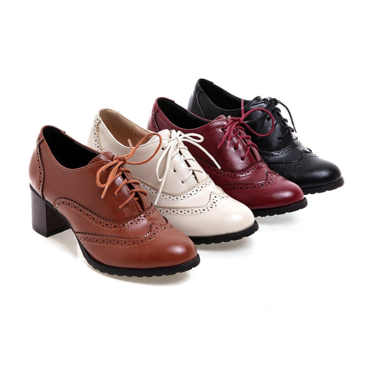 Women's Round Toe Stitching Block Heel Lace Up Chunky Heels Oxford Shoes