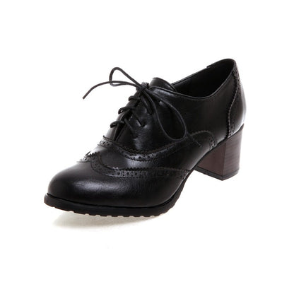 Women's Round Toe Stitching Block Heel Lace Up Chunky Heels Oxford Shoes