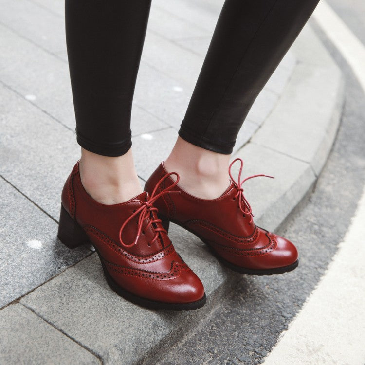 Women's Round Toe Stitching Block Heel Lace Up Chunky Heels Oxford Shoes