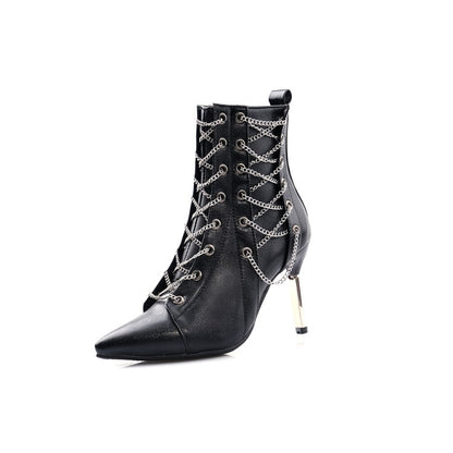 Women's Pointed Toe Metal Lace Up Stiletto Heel Short Boots