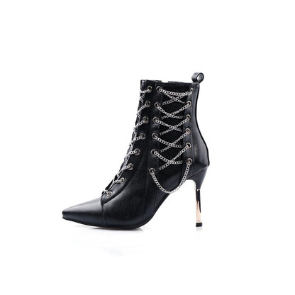 Women's Pointed Toe Metal Lace Up Stiletto Heel Short Boots