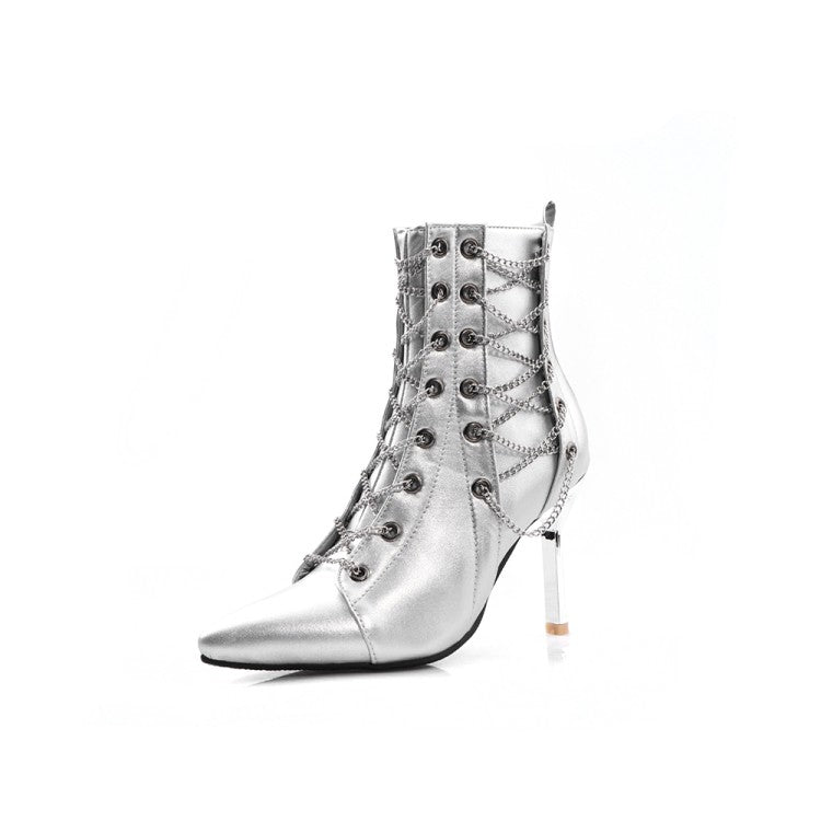 Women's Pointed Toe Metal Lace Up Stiletto Heel Short Boots