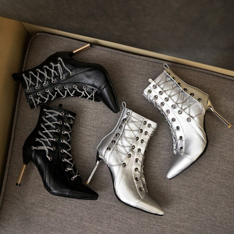 Women's Pointed Toe Metal Lace Up Stiletto Heel Short Boots