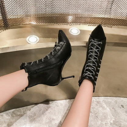 Women's Pointed Toe Metal Lace Up Stiletto Heel Short Boots