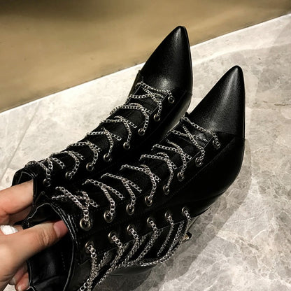 Women's Pointed Toe Metal Lace Up Stiletto Heel Short Boots