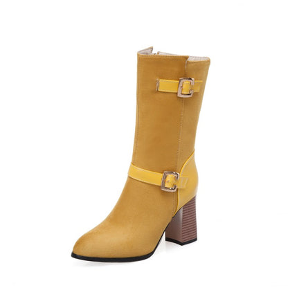 Women Buckle High Heel Mid Calf Boots