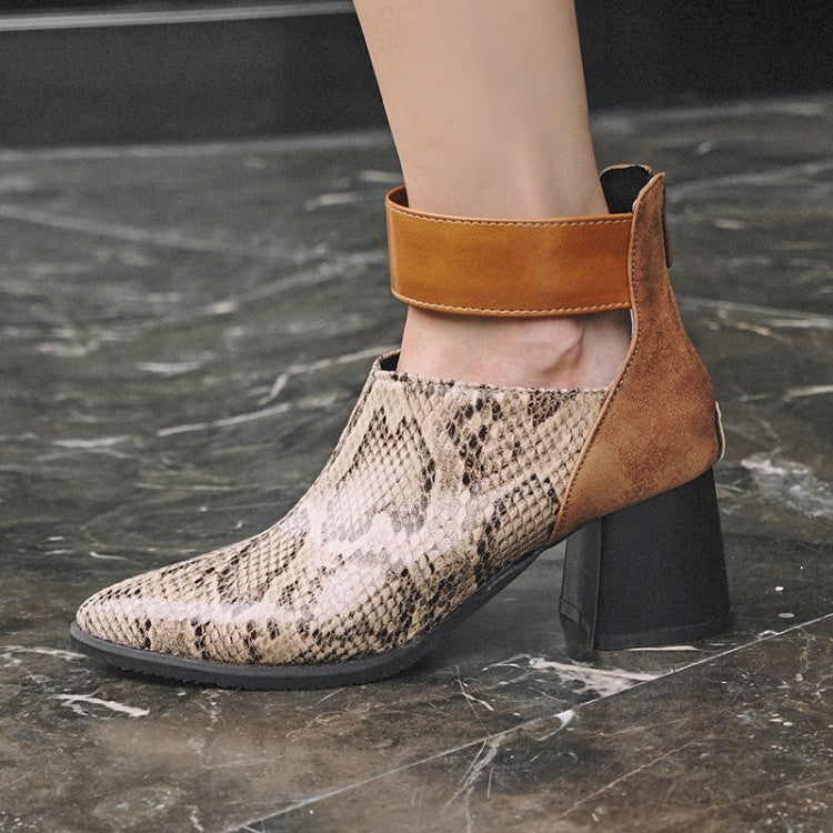Women's Flock Patchwork Pointed Toe Block Heel Short Boots