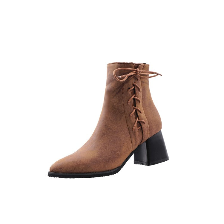 Women's Pu Leather Pointed Toe Side Lace Up Block Heel Short Boots