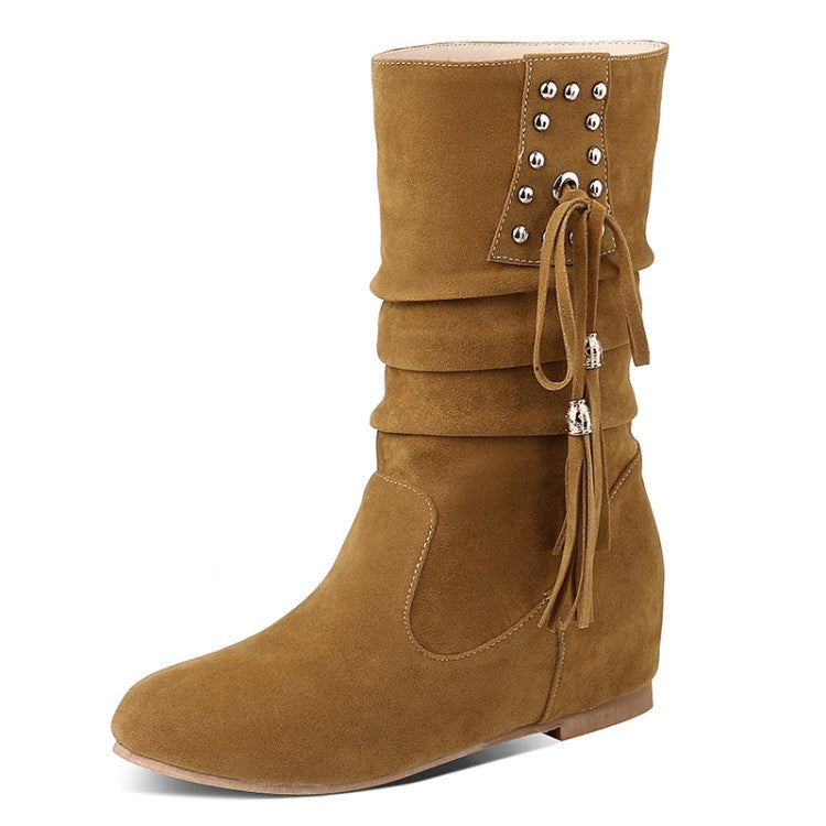 Women's Rivets Tassel Mid Heel Mid Calf Boots