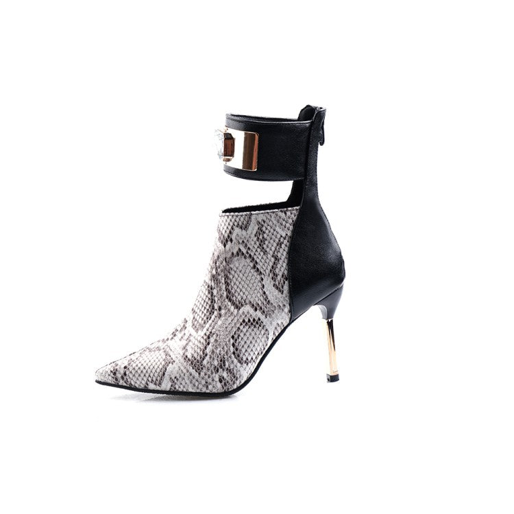 Women's Patchwork Pointed Toe Metal Rhinestone Stiletto Heel Short Boots