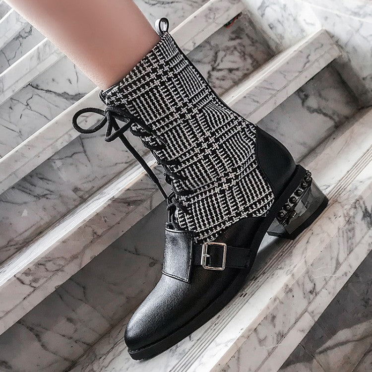 Women's Bicolor Pu Leather Pointed Toe Lace Up Puppy Heel Short Boots