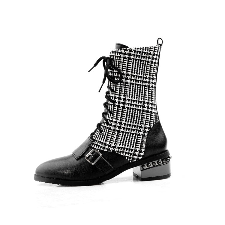 Women's Bicolor Pu Leather Pointed Toe Lace Up Puppy Heel Short Boots