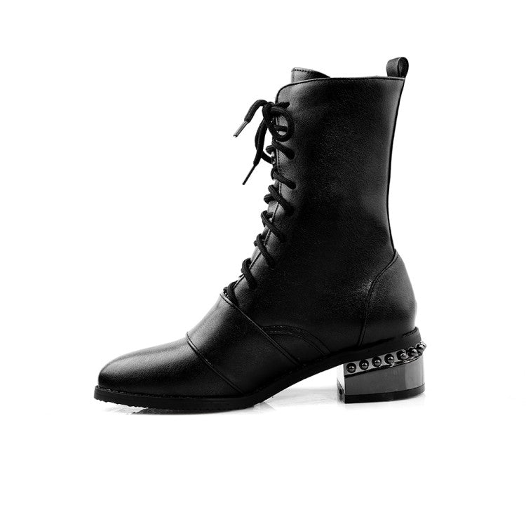 Women's Bicolor Pu Leather Pointed Toe Lace Up Puppy Heel Short Boots