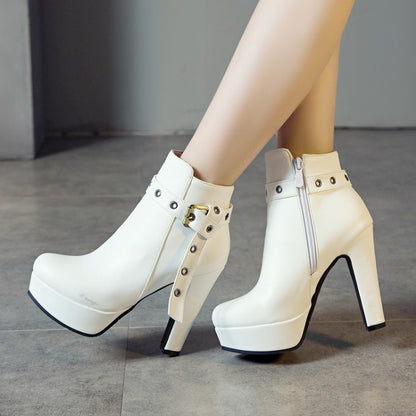 Women's Buckle Belt Platform High Heel Short Boots