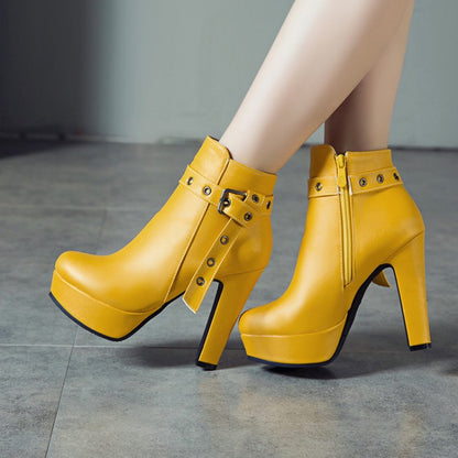 Women's Buckle Belt Platform High Heel Short Boots