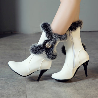 Women's Rabbit Fur High Heel Short Boots