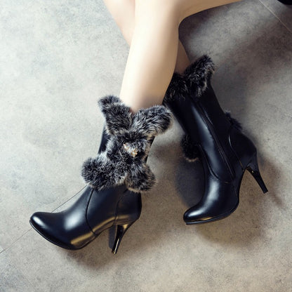 Women's Rabbit Fur High Heel Short Boots