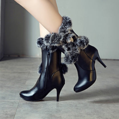 Women's Rabbit Fur High Heel Short Boots